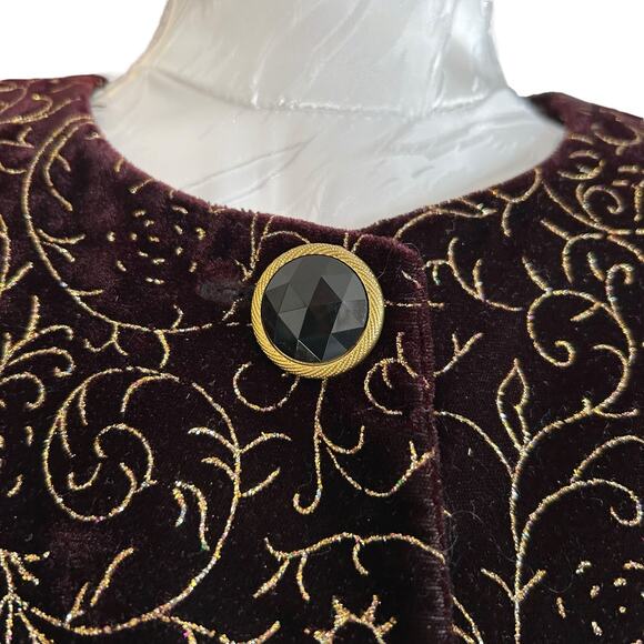 Vintage Maroon Velour Gold Glitter Jacket Women Sz Medium 90s Sparkle Christmas - Picture 9 of 16